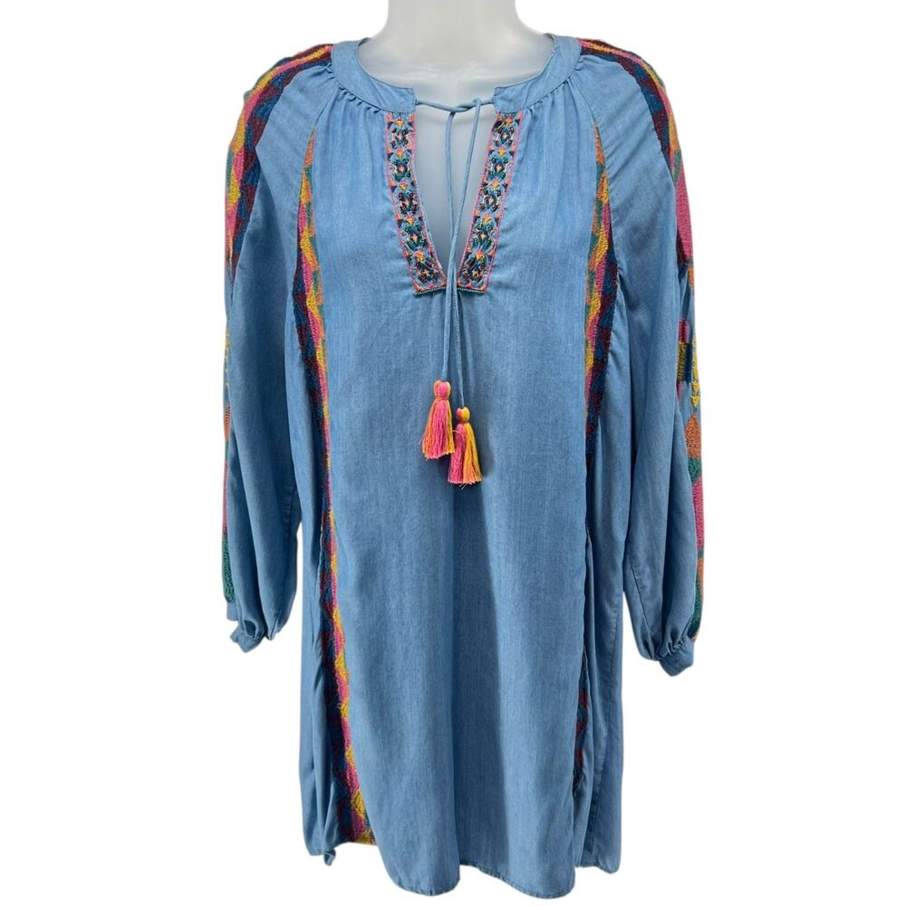 Zara TRF Embroidered Boho Tunic Dress Tassels Blue Festival Beach Cover Up XS